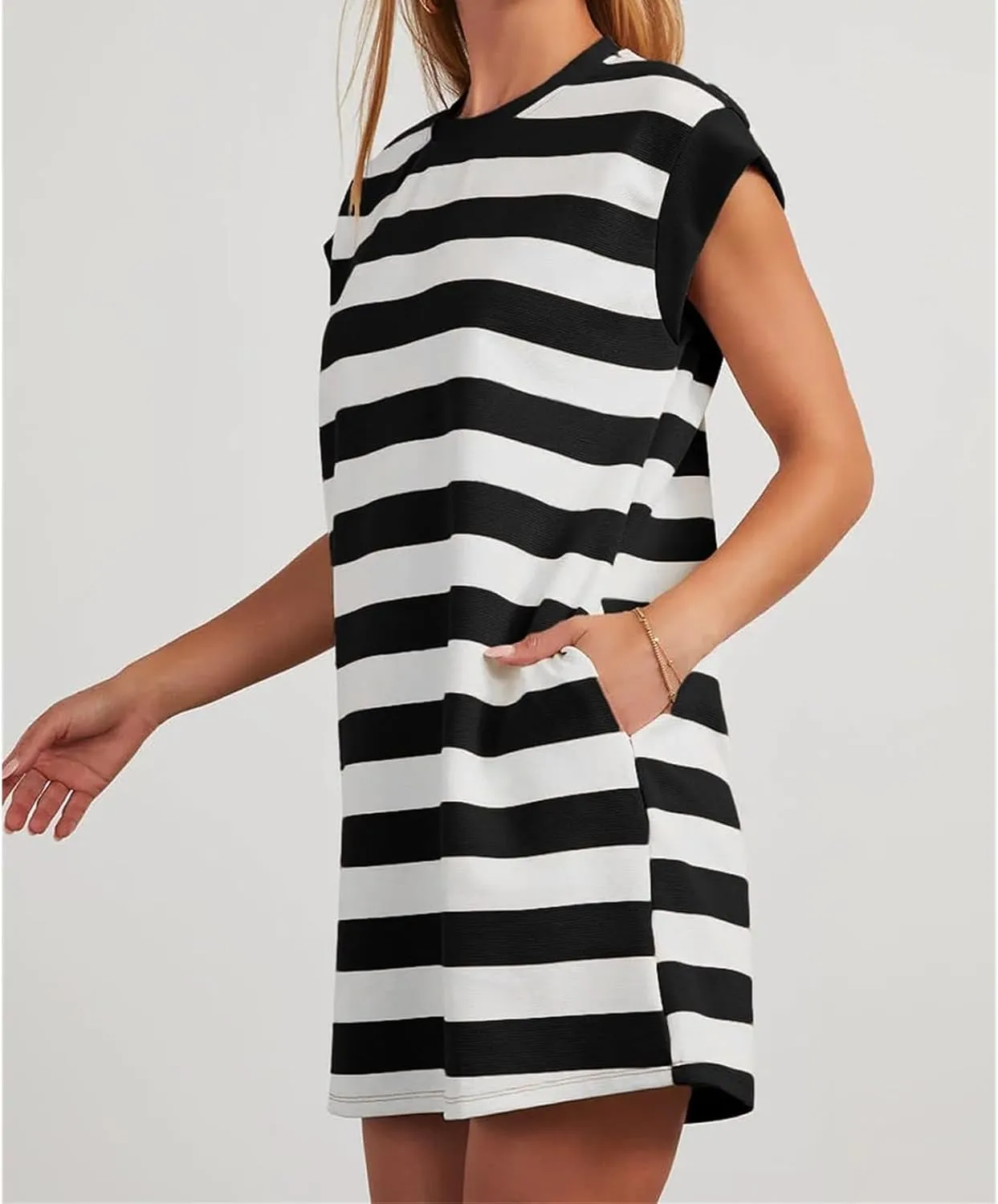 Loose Fit Dresses for Women Cap Sleeve Crewneck Striped Dress Loungewear Summer Casual Plus Size Mini Dress 2025