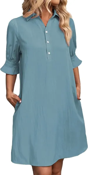Loose Fit Dresses for Women Summer Button Down Collared Short Sleeve Mini Dress Casual Solid Color Sundress 2025