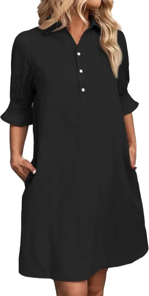 Loose Fit Dresses for Women Summer Button Down Collared Short Sleeve Mini Dress Casual Solid Color Sundress 2025