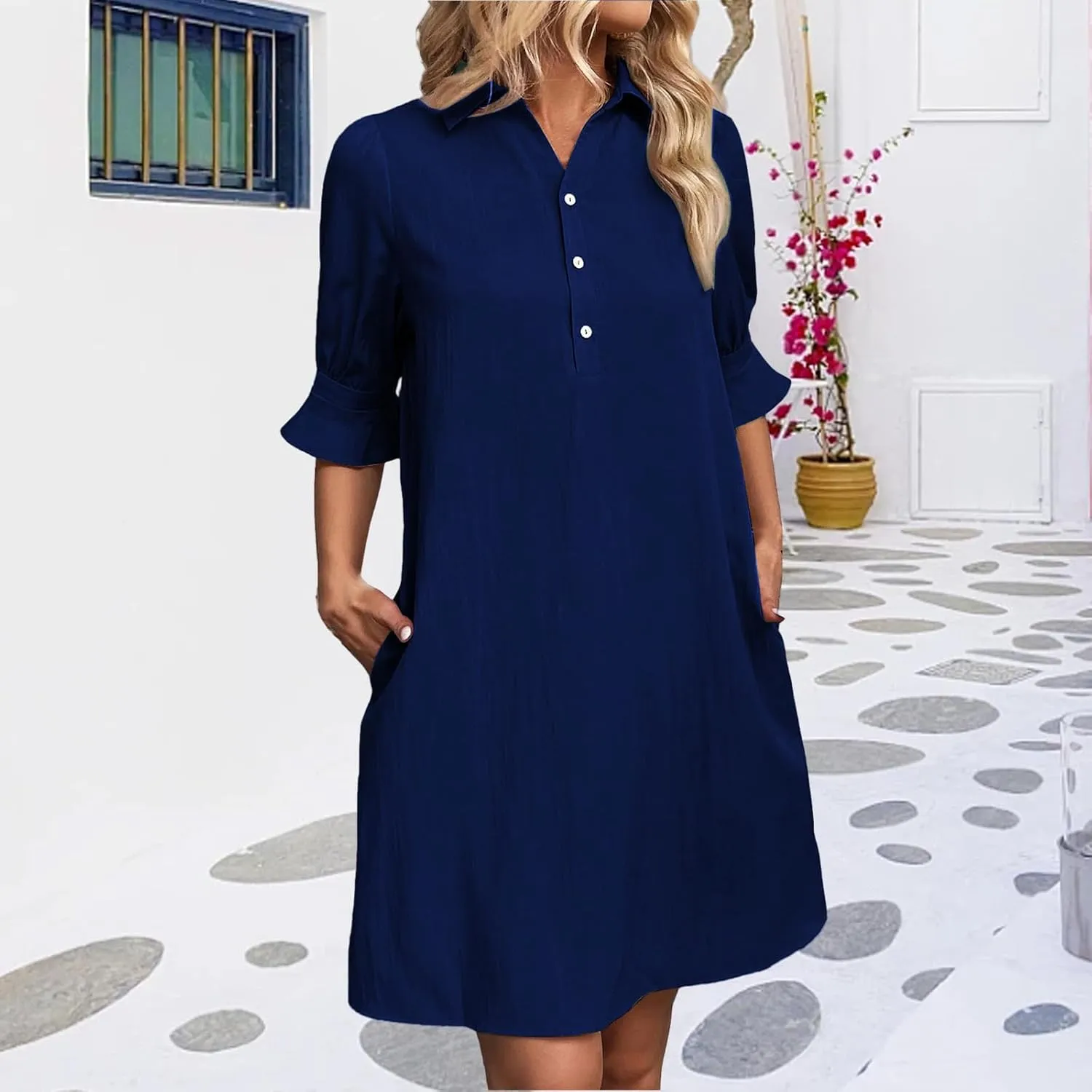Loose Fit Dresses for Women Summer Button Down Collared Short Sleeve Mini Dress Casual Solid Color Sundress 2025