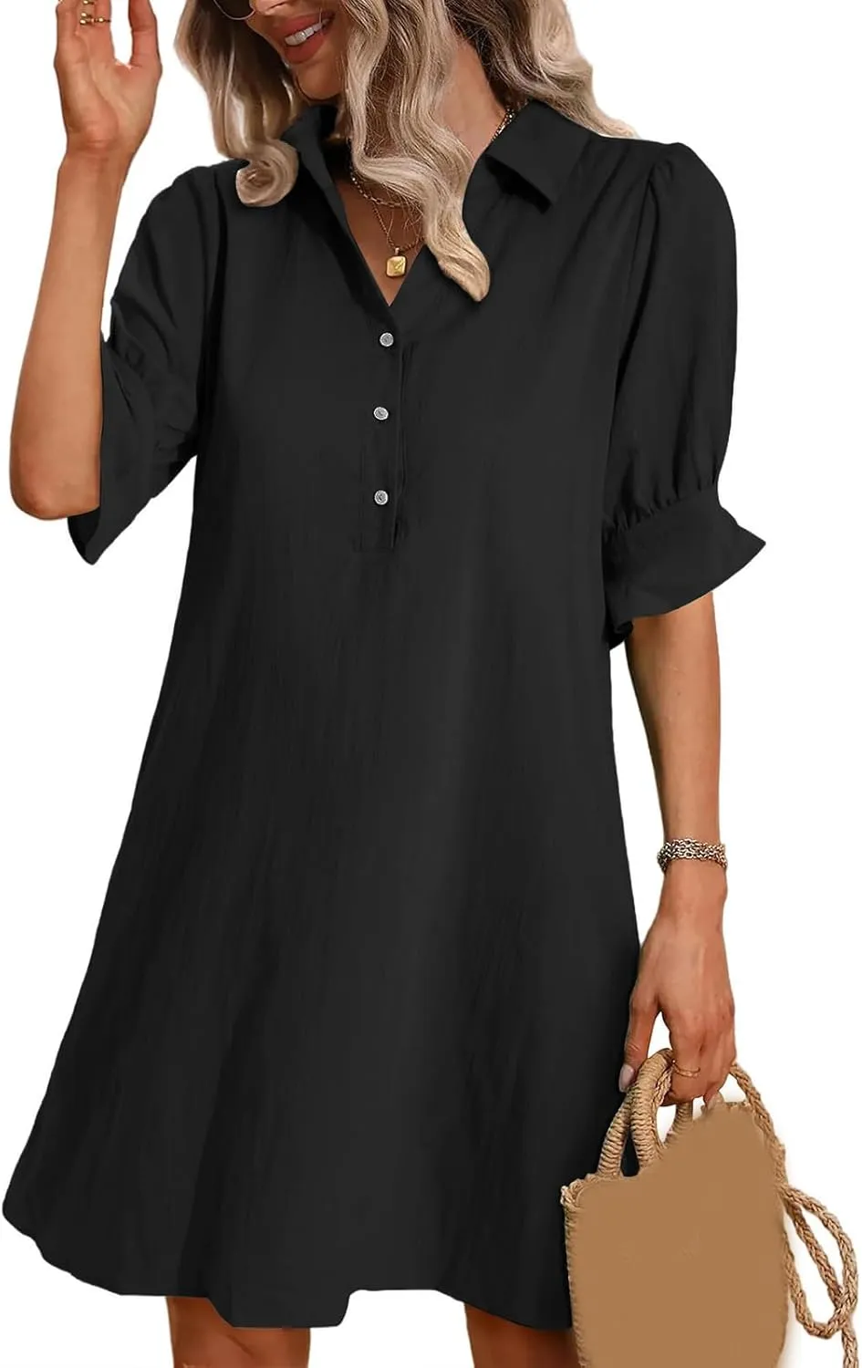 Loose Fit Dresses for Women Summer Button Down Collared Short Sleeve Mini Dress Casual Solid Color Sundress 2025