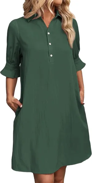Loose Fit Dresses for Women Summer Button Down Collared Short Sleeve Mini Dress Casual Solid Color Sundress 2025