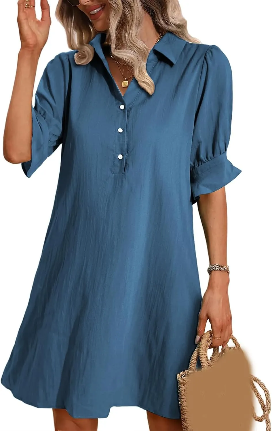 Loose Fit Dresses for Women Summer Button Down Collared Short Sleeve Mini Dress Casual Solid Color Sundress 2025