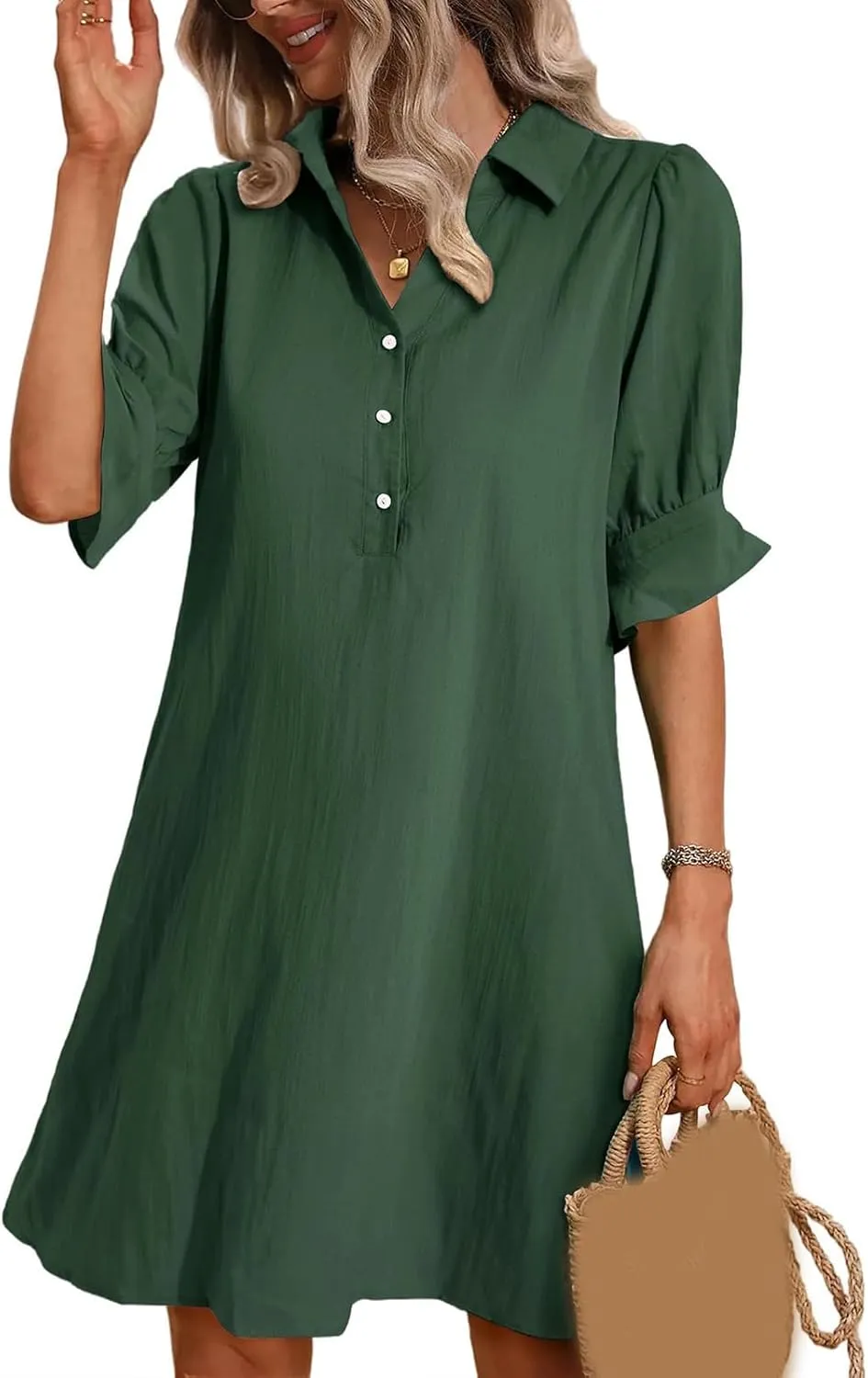 Loose Fit Dresses for Women Summer Button Down Collared Short Sleeve Mini Dress Casual Solid Color Sundress 2025