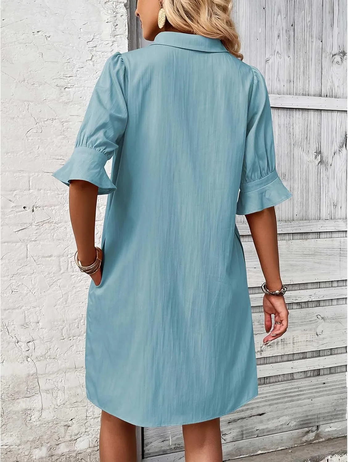 Loose Fit Dresses for Women Summer Button Down Collared Short Sleeve Mini Dress Casual Solid Color Sundress 2025