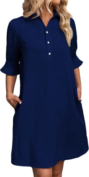 Loose Fit Dresses for Women Summer Button Down Collared Short Sleeve Mini Dress Casual Solid Color Sundress 2025