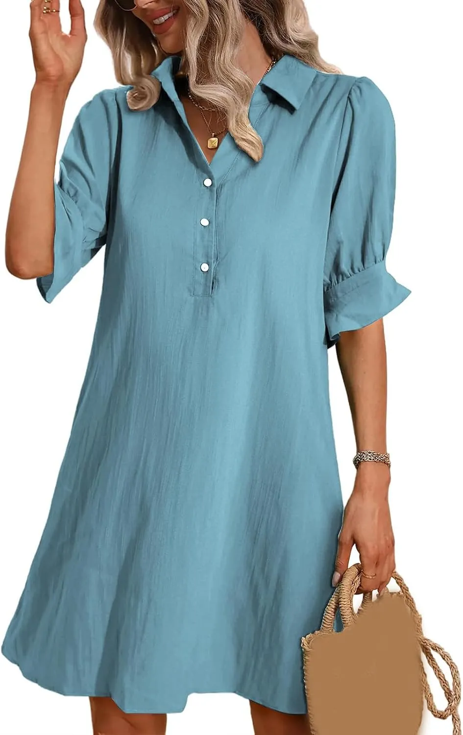 Loose Fit Dresses for Women Summer Button Down Collared Short Sleeve Mini Dress Casual Solid Color Sundress 2025