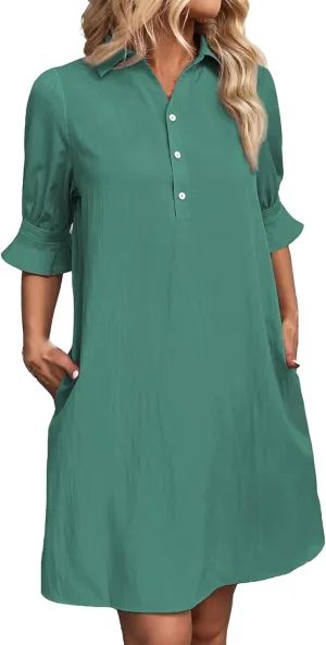 Loose Fit Dresses for Women Summer Button Down Collared Short Sleeve Mini Dress Casual Solid Color Sundress 2025