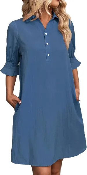 Loose Fit Dresses for Women Summer Button Down Collared Short Sleeve Mini Dress Casual Solid Color Sundress 2025