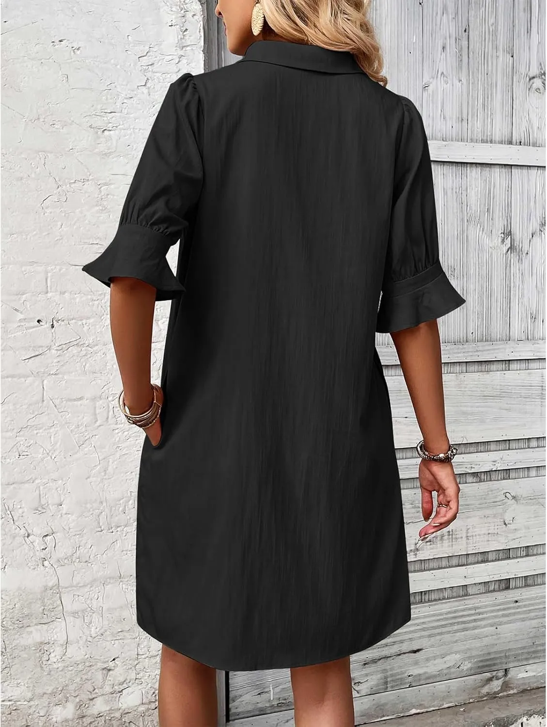 Loose Fit Dresses for Women Summer Button Down Collared Short Sleeve Mini Dress Casual Solid Color Sundress 2025