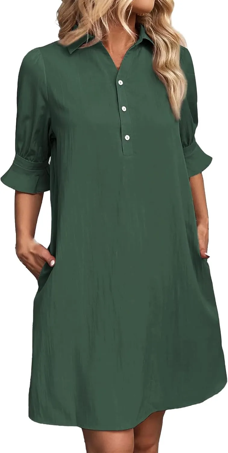 Loose Fit Dresses for Women Summer Button Down Collared Short Sleeve Mini Dress Casual Solid Color Sundress 2025