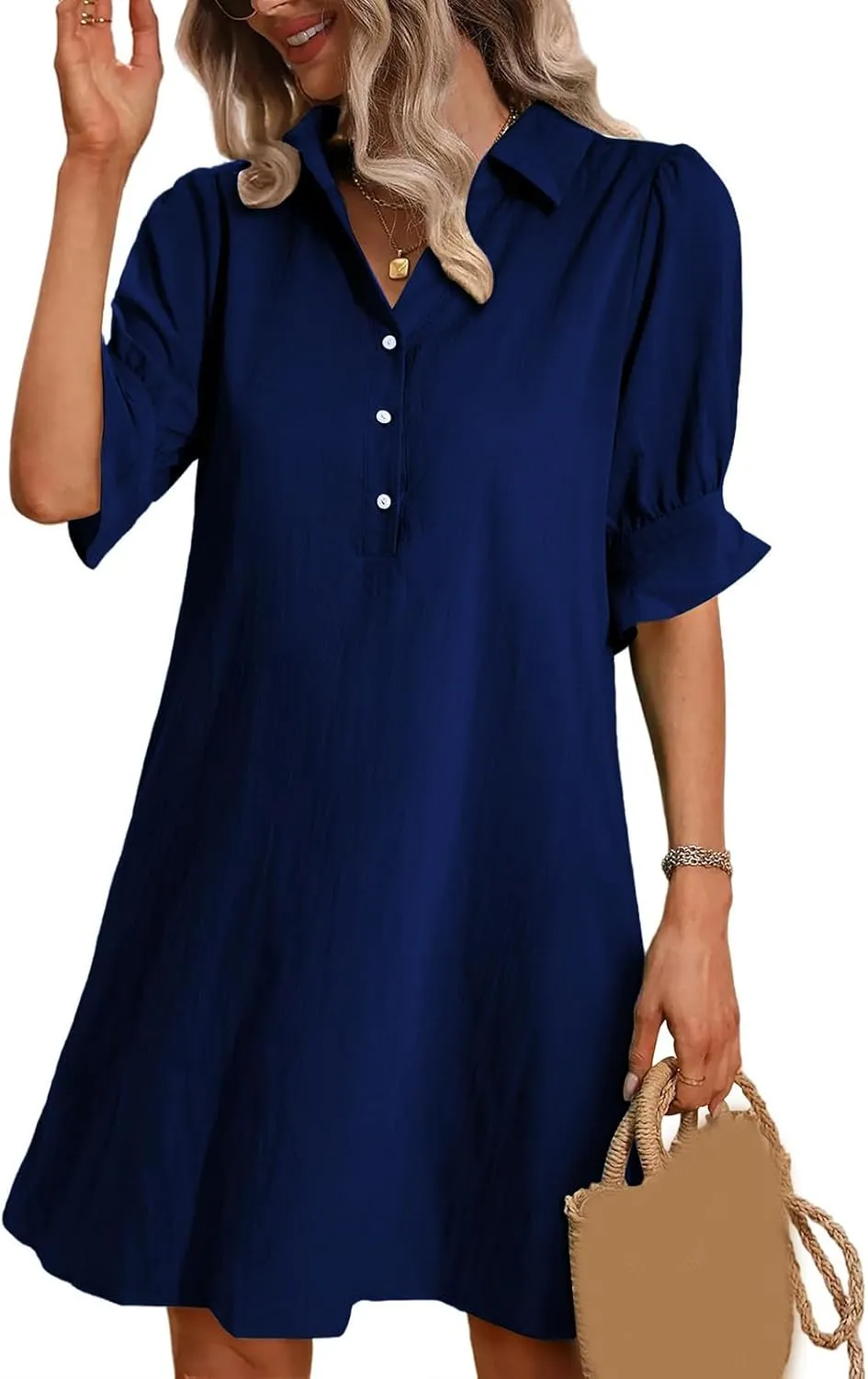 Loose Fit Dresses for Women Summer Button Down Collared Short Sleeve Mini Dress Casual Solid Color Sundress 2025