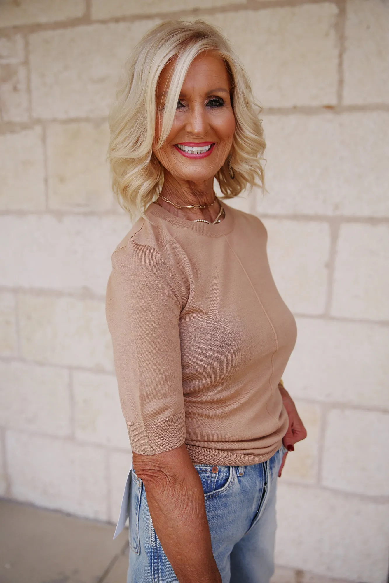Lucia Short Sleeve Sweater Tan