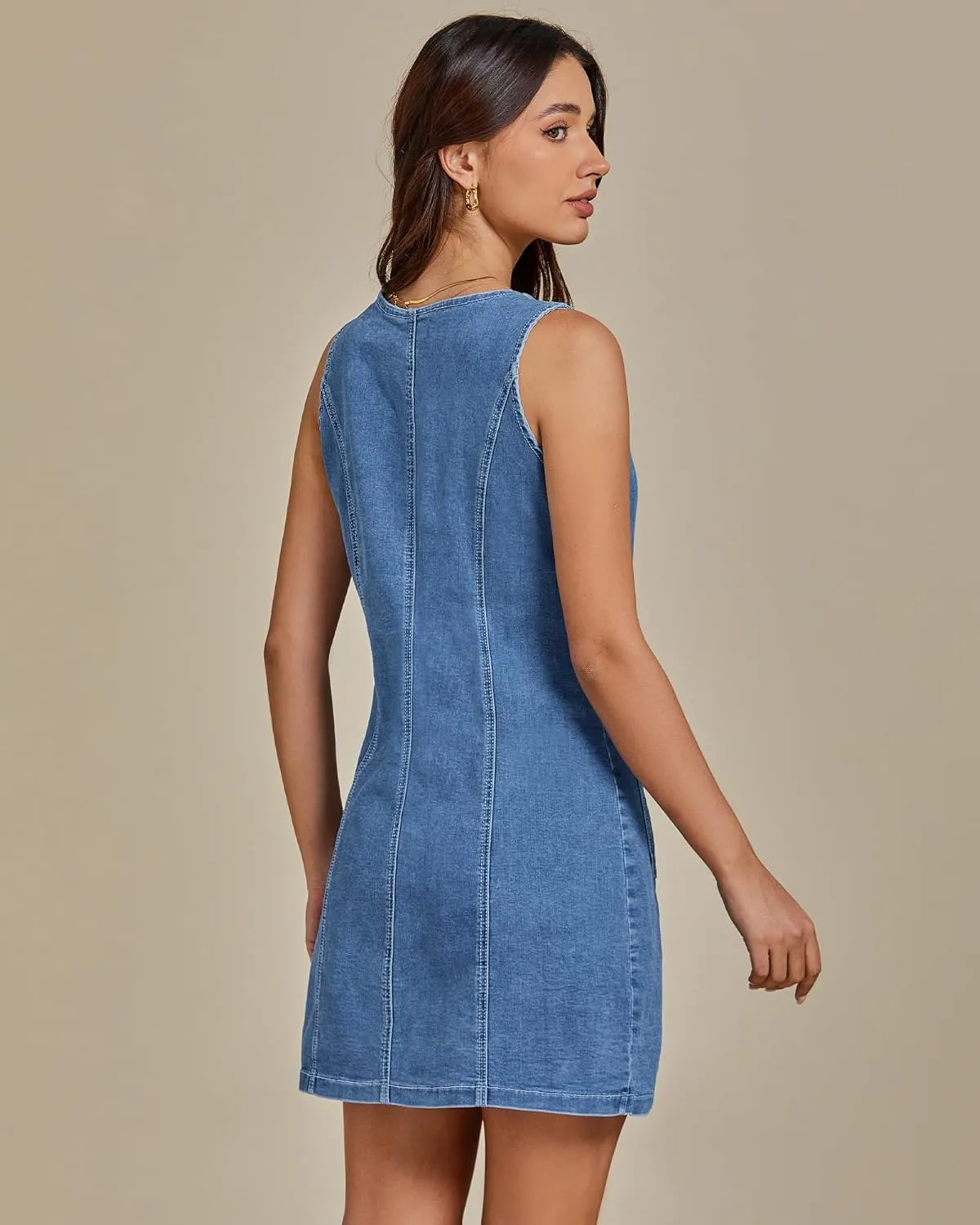 luvamia Denim Dresses for Women Sleeveless Stretchy Jean Summer Casual Western Short Button Down Dress with Patch Pocket
