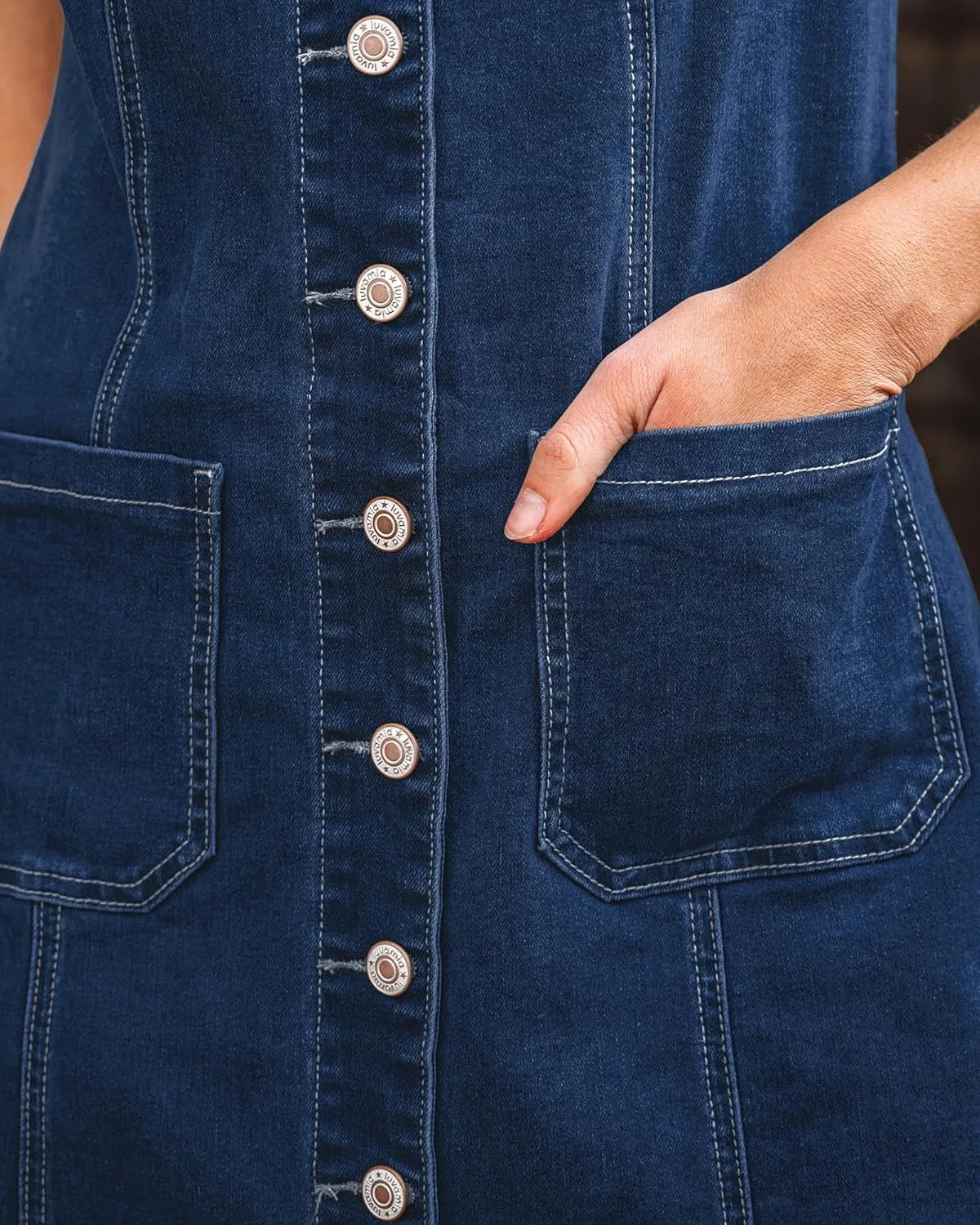 luvamia Denim Dresses for Women Sleeveless Stretchy Jean Summer Casual Western Short Button Down Dress with Patch Pocket
