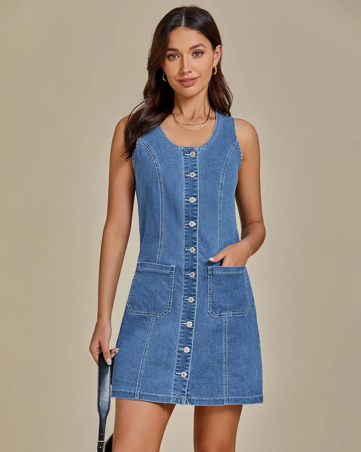 luvamia Denim Dresses for Women Sleeveless Stretchy Jean Summer Casual Western Short Button Down Dress with Patch Pocket