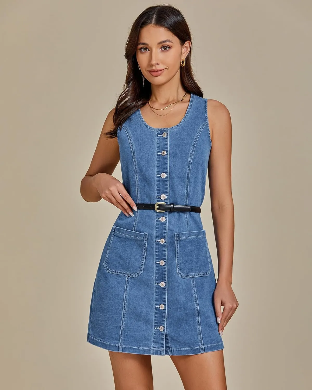 luvamia Denim Dresses for Women Sleeveless Stretchy Jean Summer Casual Western Short Button Down Dress with Patch Pocket