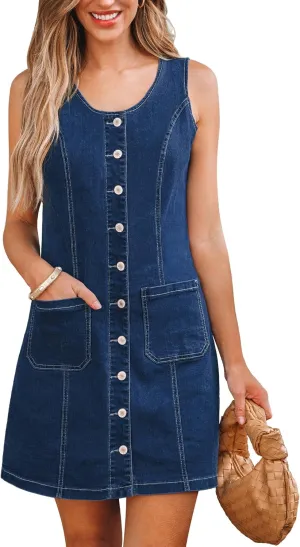 luvamia Denim Dresses for Women Sleeveless Stretchy Jean Summer Casual Western Short Button Down Dress with Patch Pocket