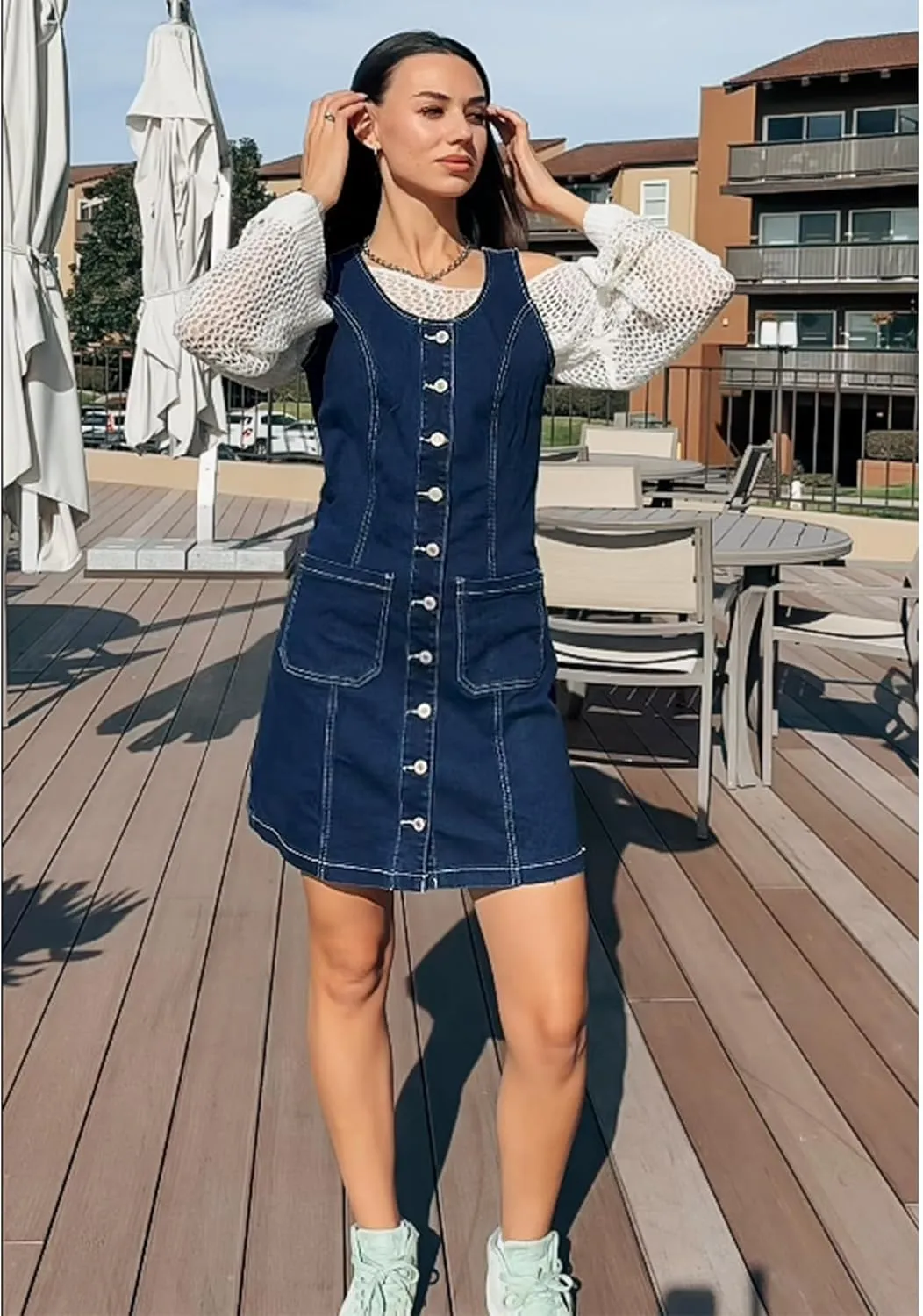 luvamia Denim Dresses for Women Sleeveless Stretchy Jean Summer Casual Western Short Button Down Dress with Patch Pocket