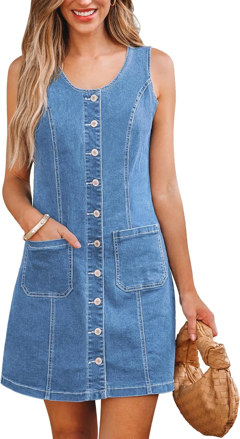 luvamia Denim Dresses for Women Sleeveless Stretchy Jean Summer Casual Western Short Button Down Dress with Patch Pocket