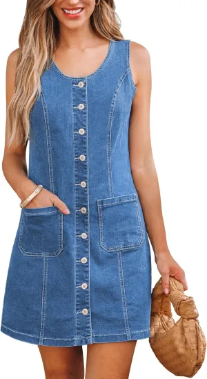 luvamia Denim Dresses for Women Sleeveless Stretchy Jean Summer Casual Western Short Button Down Dress with Patch Pocket