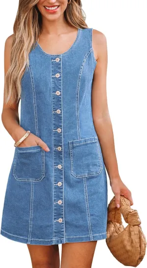 luvamia Denim Dresses for Women Sleeveless Stretchy Jean Summer Casual Western Short Button Down Dress with Patch Pocket
