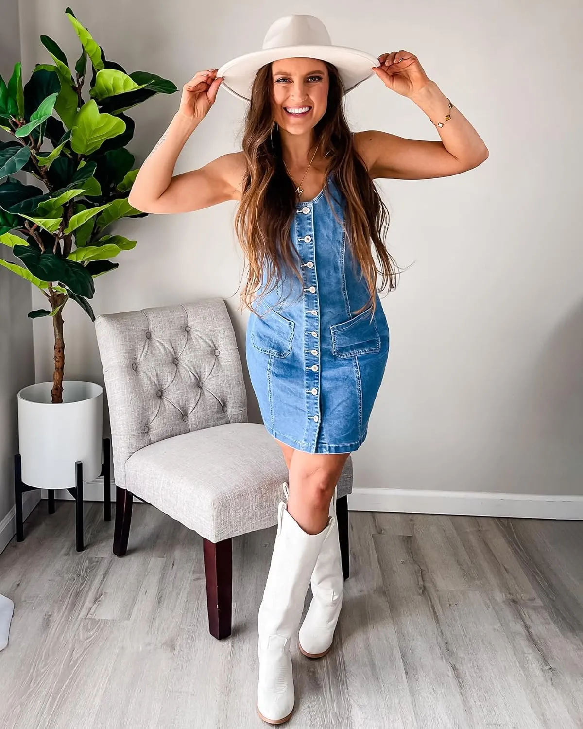 luvamia Denim Dresses for Women Sleeveless Stretchy Jean Summer Casual Western Short Button Down Dress with Patch Pocket