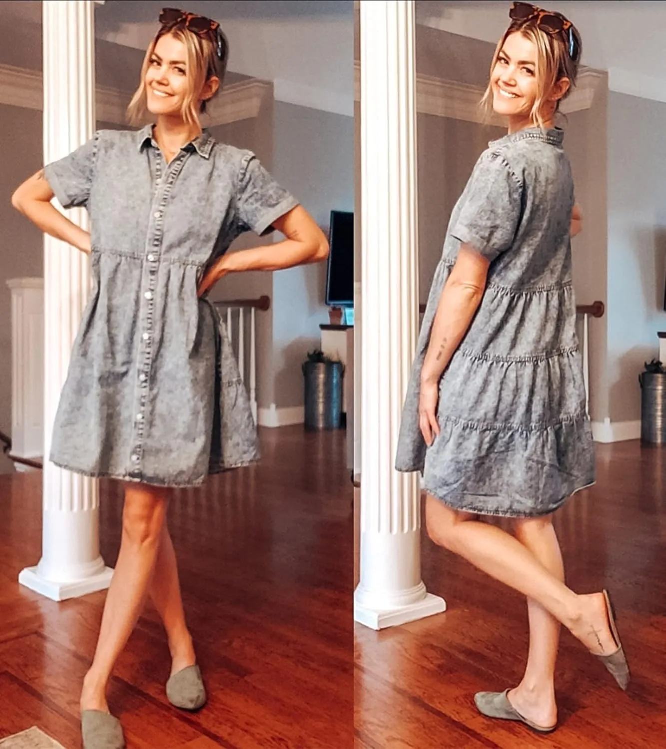 luvamia Women's Casual Short Sleeve Button Down Tiered Denim Babydoll Jean Dress
