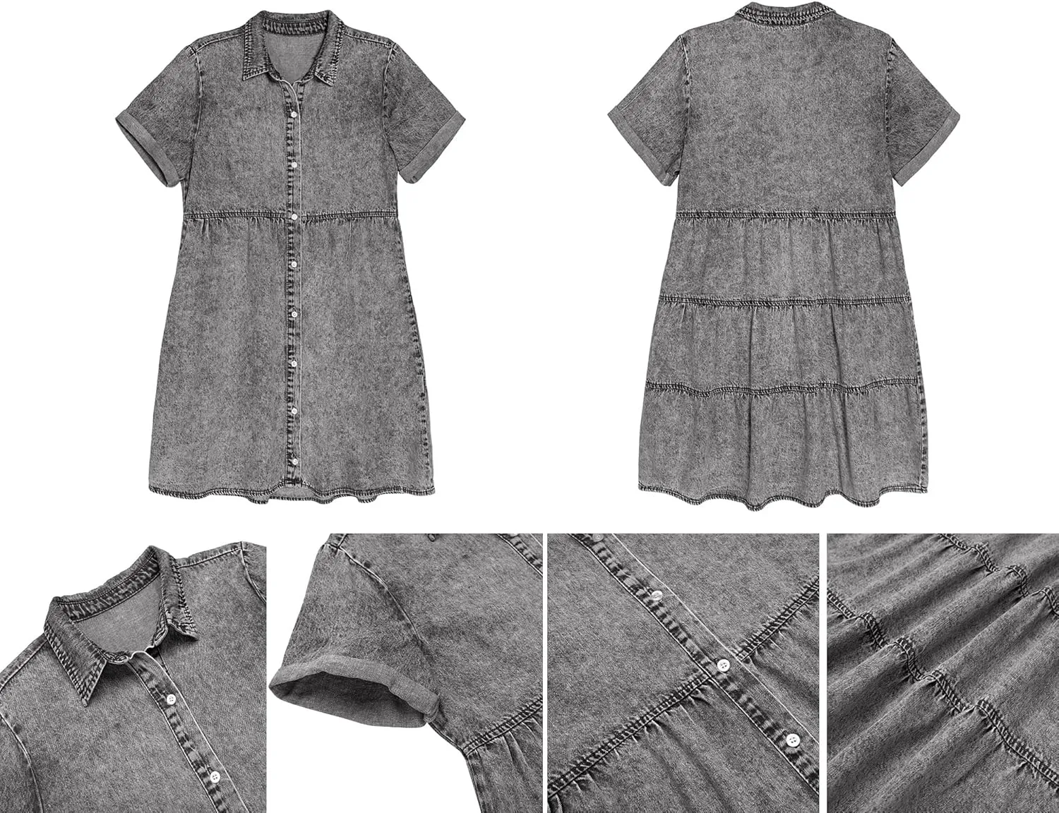 luvamia Women's Casual Short Sleeve Button Down Tiered Denim Babydoll Jean Dress