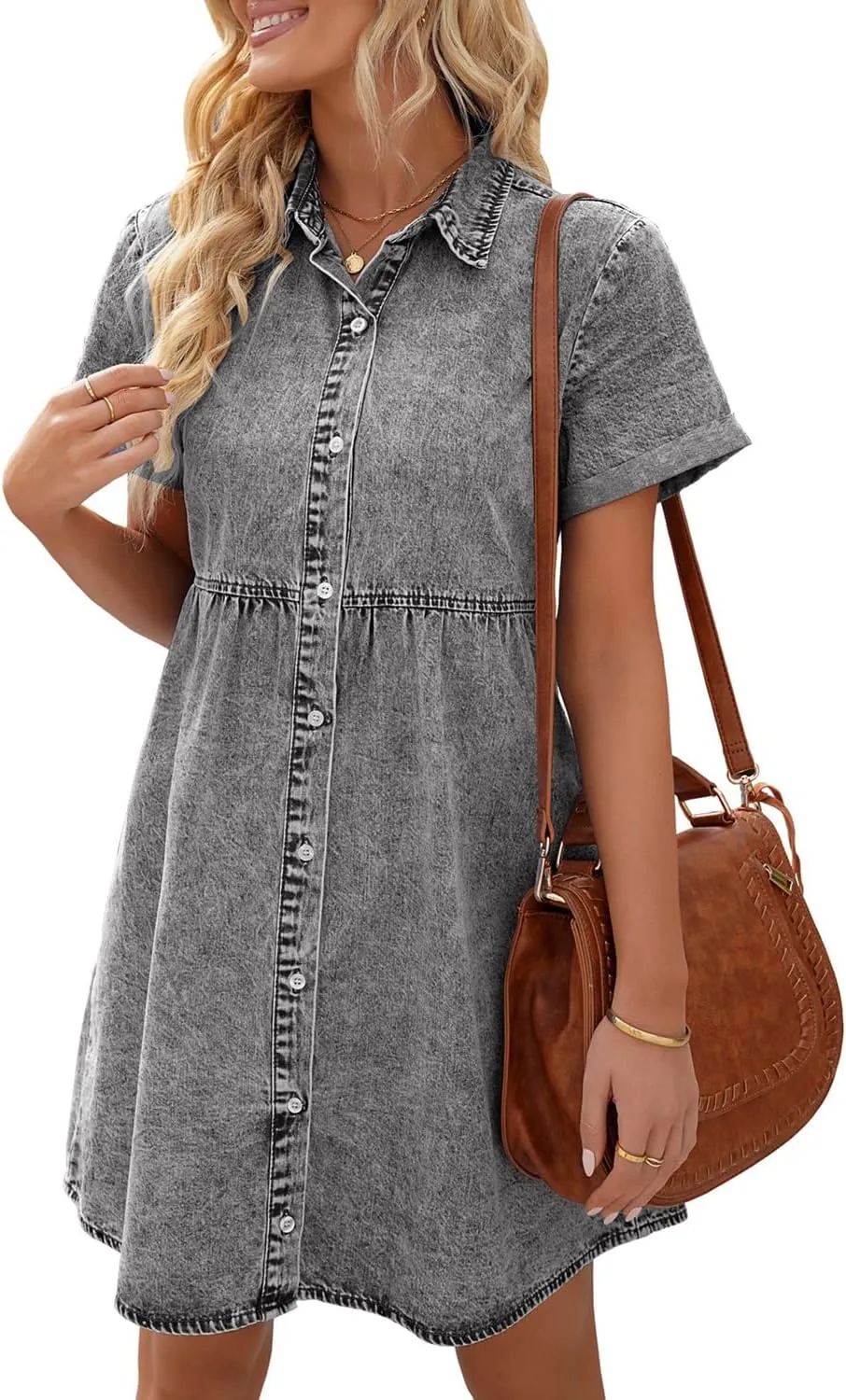 luvamia Women's Casual Short Sleeve Button Down Tiered Denim Babydoll Jean Dress
