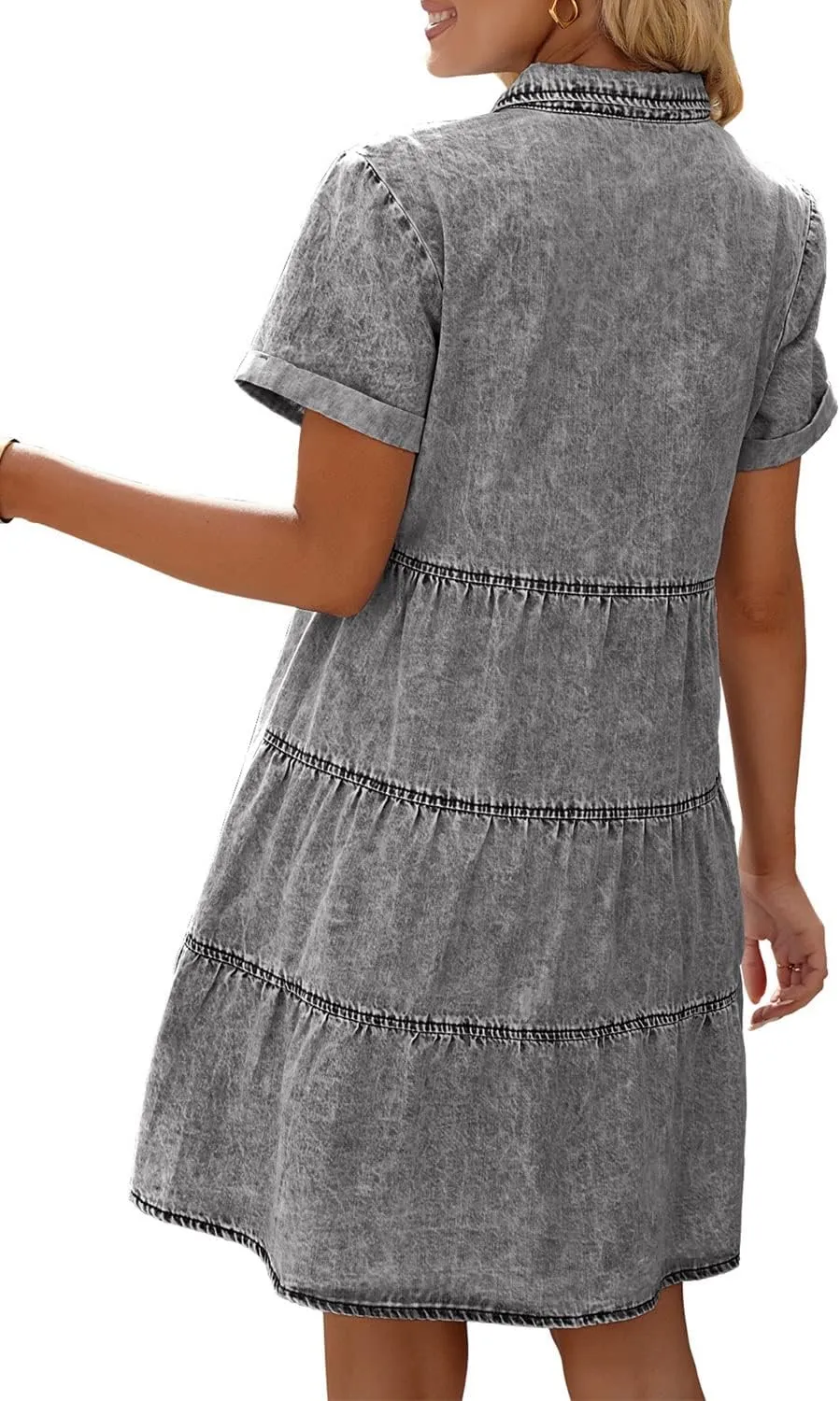 luvamia Women's Casual Short Sleeve Button Down Tiered Denim Babydoll Jean Dress