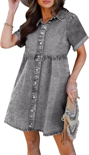 luvamia Women's Casual Short Sleeve Button Down Tiered Denim Babydoll Jean Dress