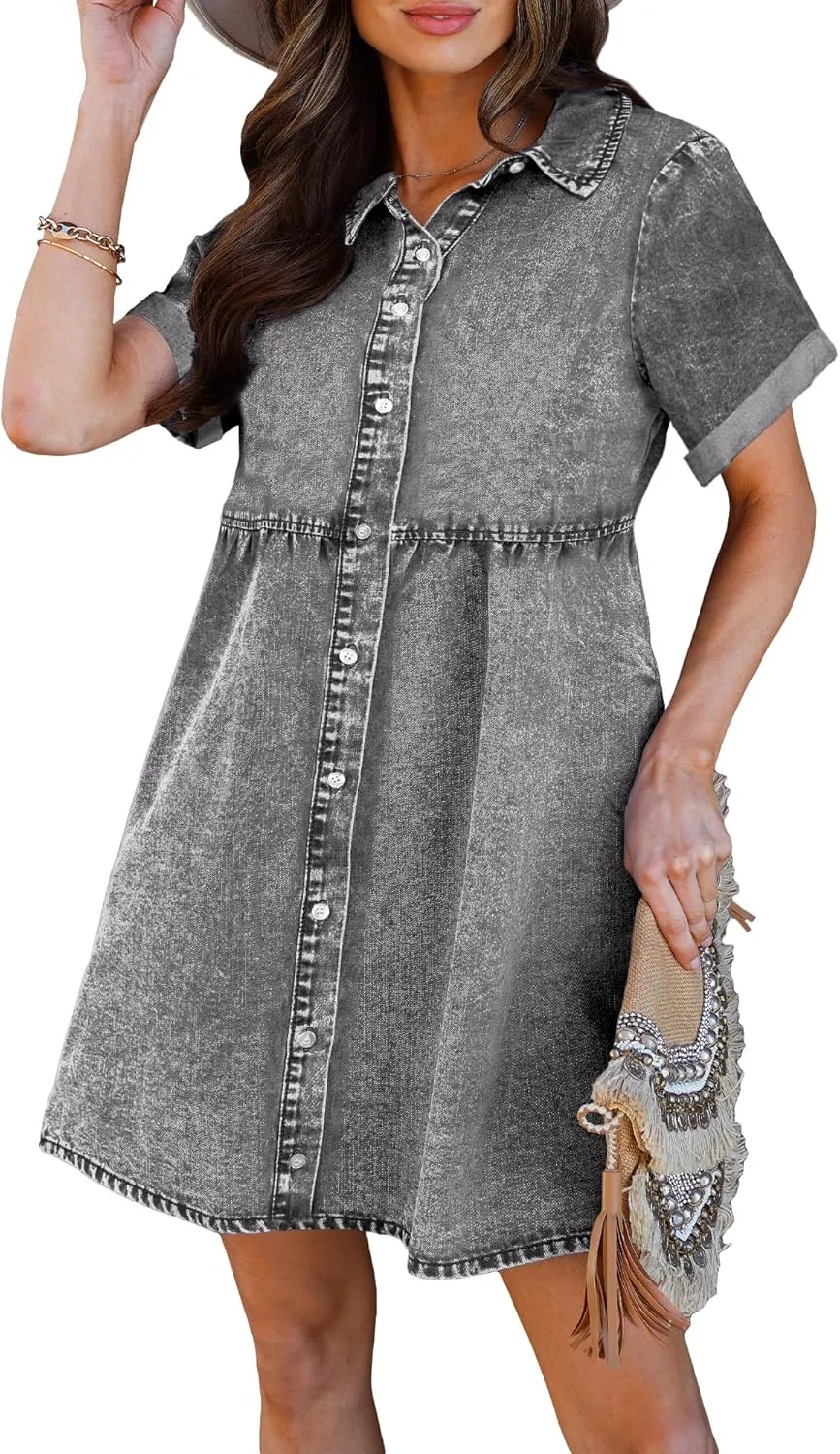 luvamia Women's Casual Short Sleeve Button Down Tiered Denim Babydoll Jean Dress
