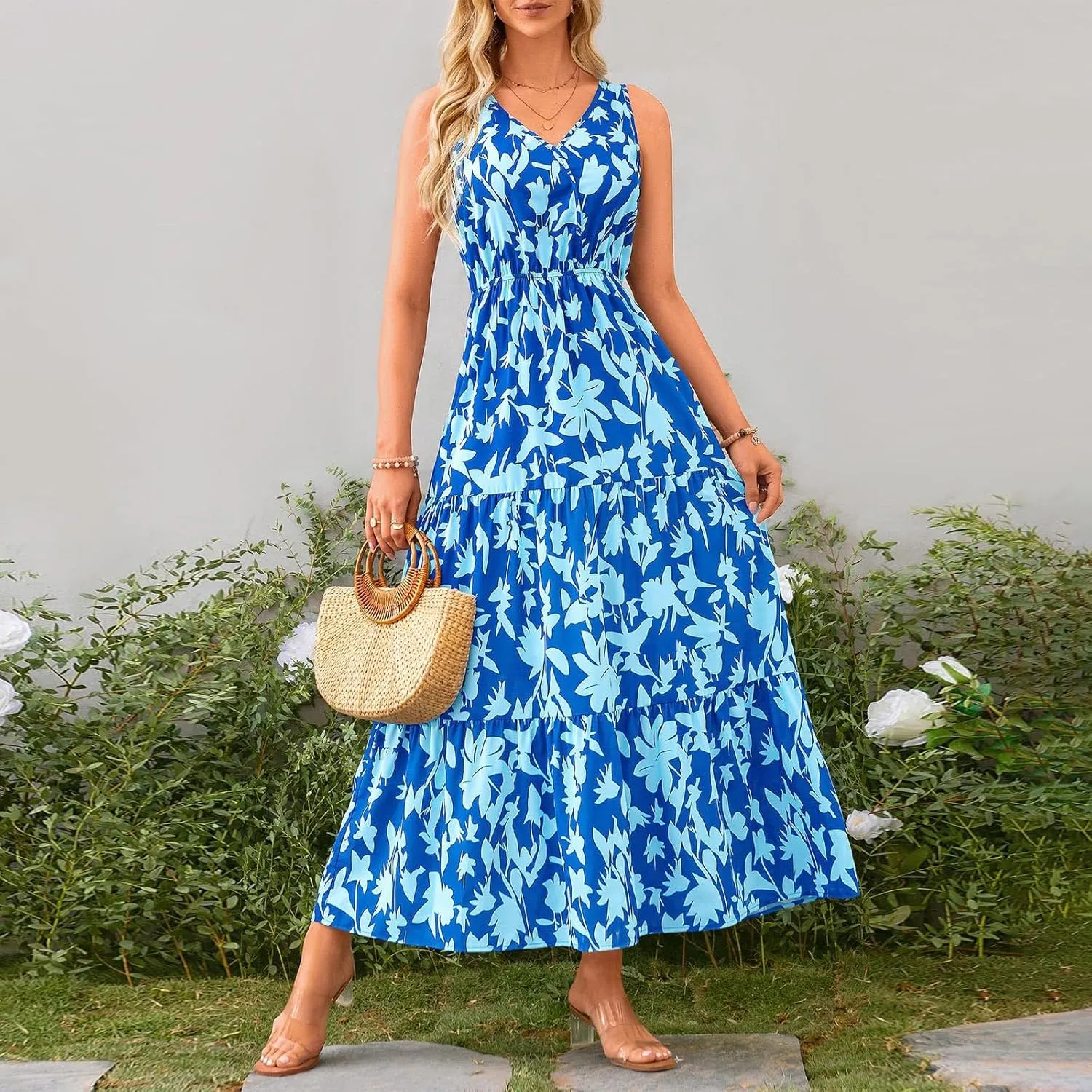 Maxi Dress for Women 2025 Summer Dresses Casual Sleeveless Beach Dresses Vacation Ruffle Wrap V Neck Party Dress