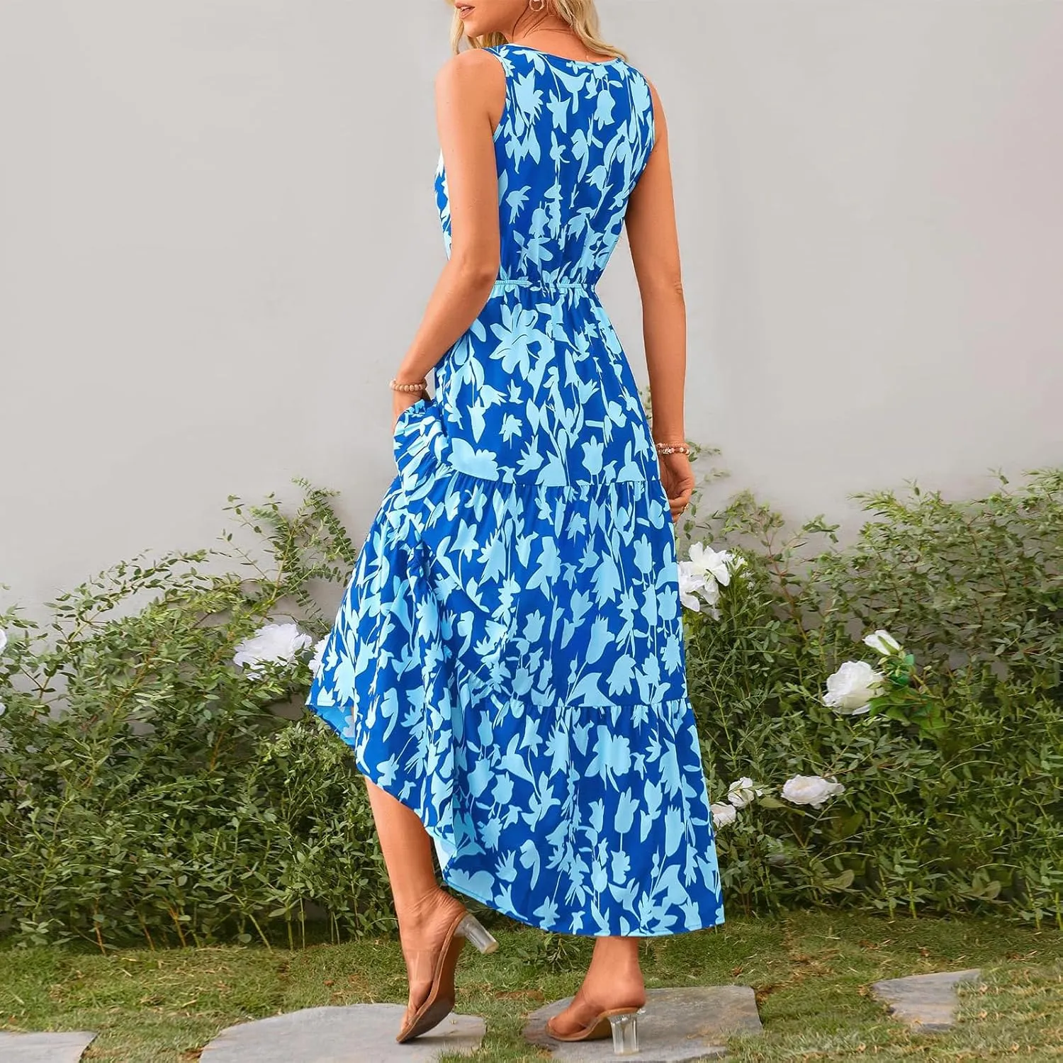Maxi Dress for Women 2025 Summer Dresses Casual Sleeveless Beach Dresses Vacation Ruffle Wrap V Neck Party Dress