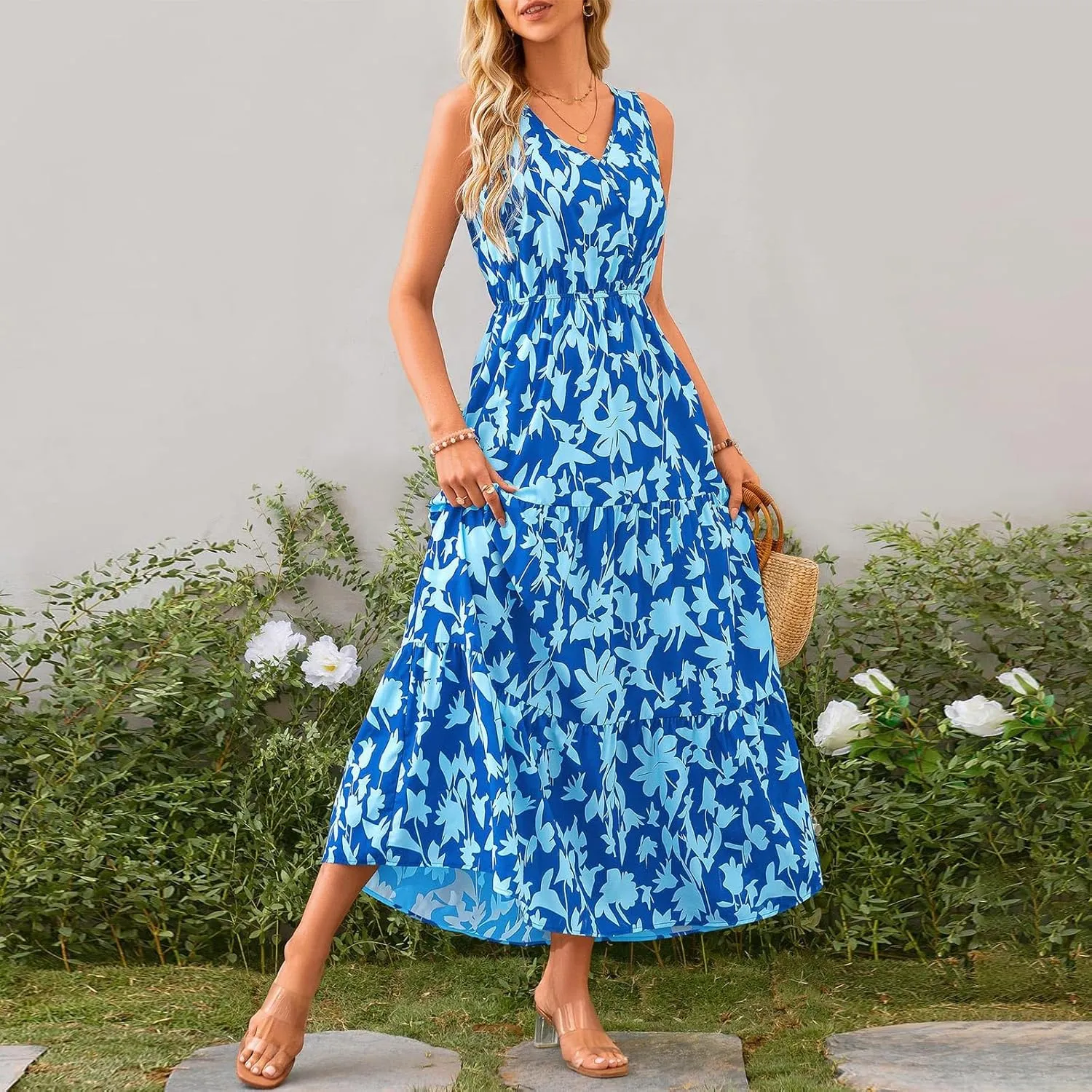 Maxi Dress for Women 2025 Summer Dresses Casual Sleeveless Beach Dresses Vacation Ruffle Wrap V Neck Party Dress