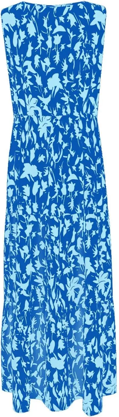 Maxi Dress for Women 2025 Summer Dresses Casual Sleeveless Beach Dresses Vacation Ruffle Wrap V Neck Party Dress