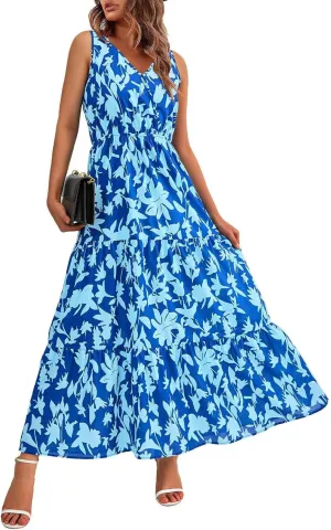 Maxi Dress for Women 2025 Summer Dresses Casual Sleeveless Beach Dresses Vacation Ruffle Wrap V Neck Party Dress