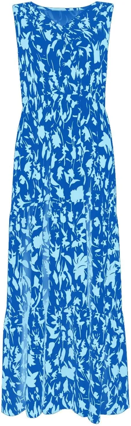 Maxi Dress for Women 2025 Summer Dresses Casual Sleeveless Beach Dresses Vacation Ruffle Wrap V Neck Party Dress