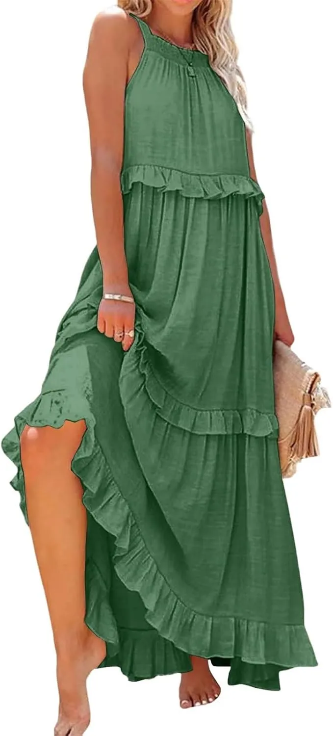 Maxi Dresses for Women 2025 Elegant Loose Flowy Tiered Ruffle Dress Summer Swing Beach Dresses with Pockets