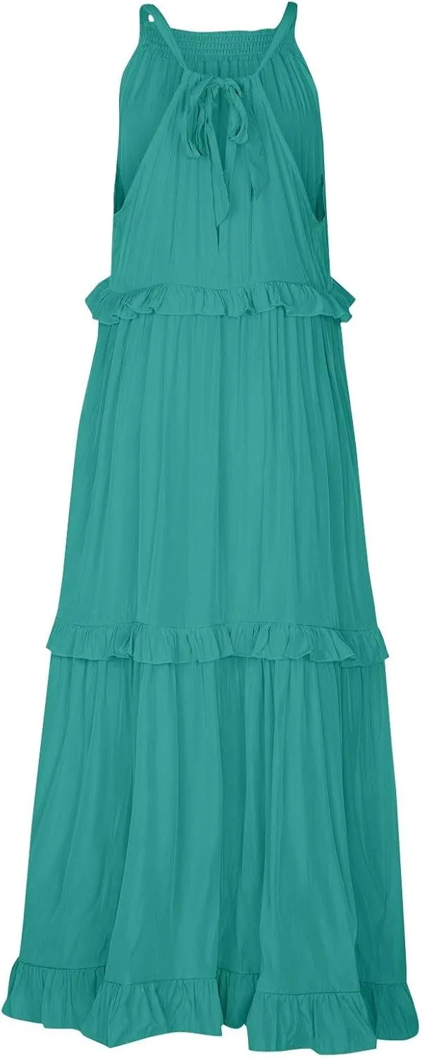 Maxi Dresses for Women 2025 Elegant Loose Flowy Tiered Ruffle Dress Summer Swing Beach Dresses with Pockets