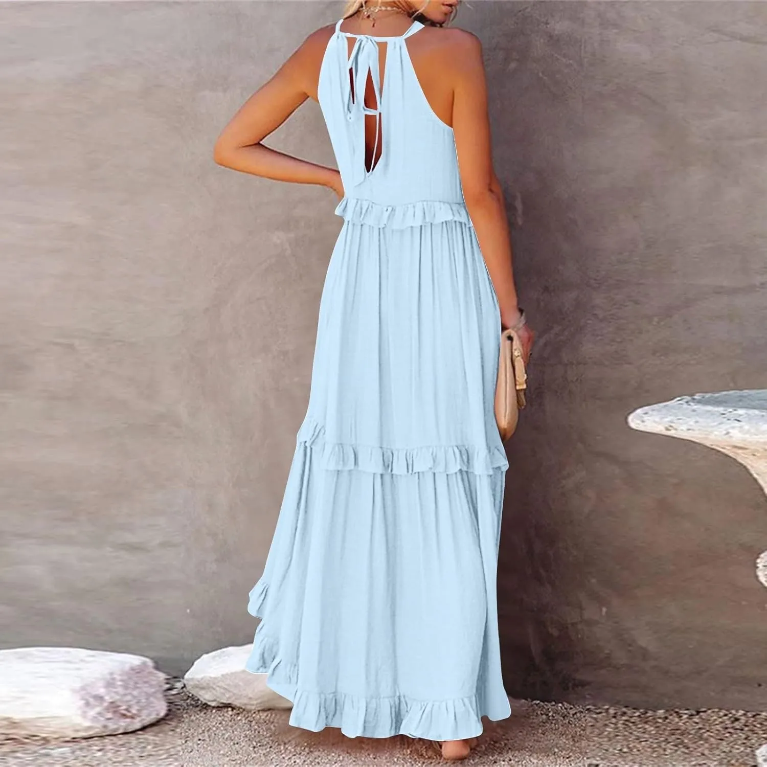 Maxi Dresses for Women 2025 Elegant Loose Flowy Tiered Ruffle Dress Summer Swing Beach Dresses with Pockets