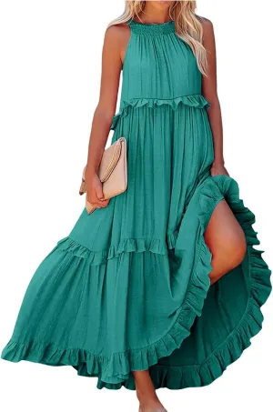 Maxi Dresses for Women 2025 Elegant Loose Flowy Tiered Ruffle Dress Summer Swing Beach Dresses with Pockets