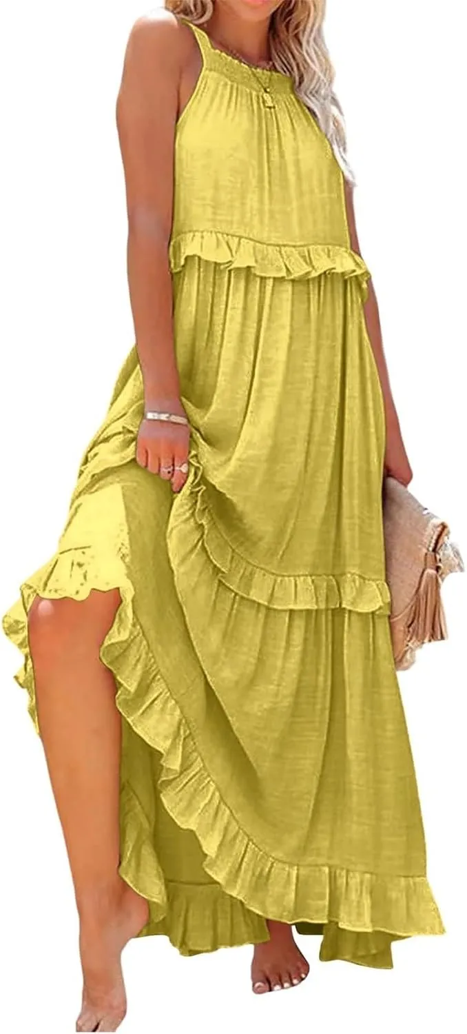Maxi Dresses for Women 2025 Elegant Loose Flowy Tiered Ruffle Dress Summer Swing Beach Dresses with Pockets