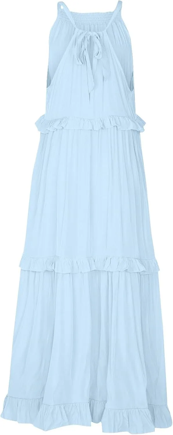 Maxi Dresses for Women 2025 Elegant Loose Flowy Tiered Ruffle Dress Summer Swing Beach Dresses with Pockets