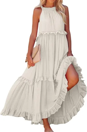 Maxi Dresses for Women 2025 Elegant Loose Flowy Tiered Ruffle Dress Summer Swing Beach Dresses with Pockets