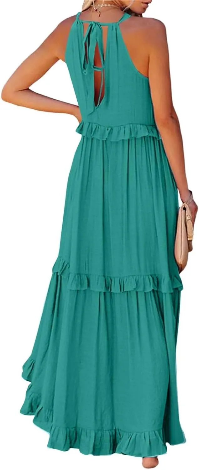 Maxi Dresses for Women 2025 Elegant Loose Flowy Tiered Ruffle Dress Summer Swing Beach Dresses with Pockets
