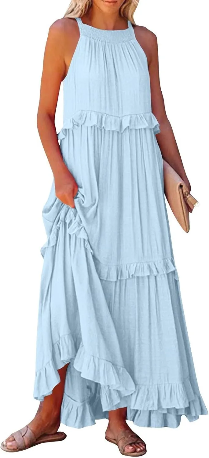 Maxi Dresses for Women 2025 Elegant Loose Flowy Tiered Ruffle Dress Summer Swing Beach Dresses with Pockets