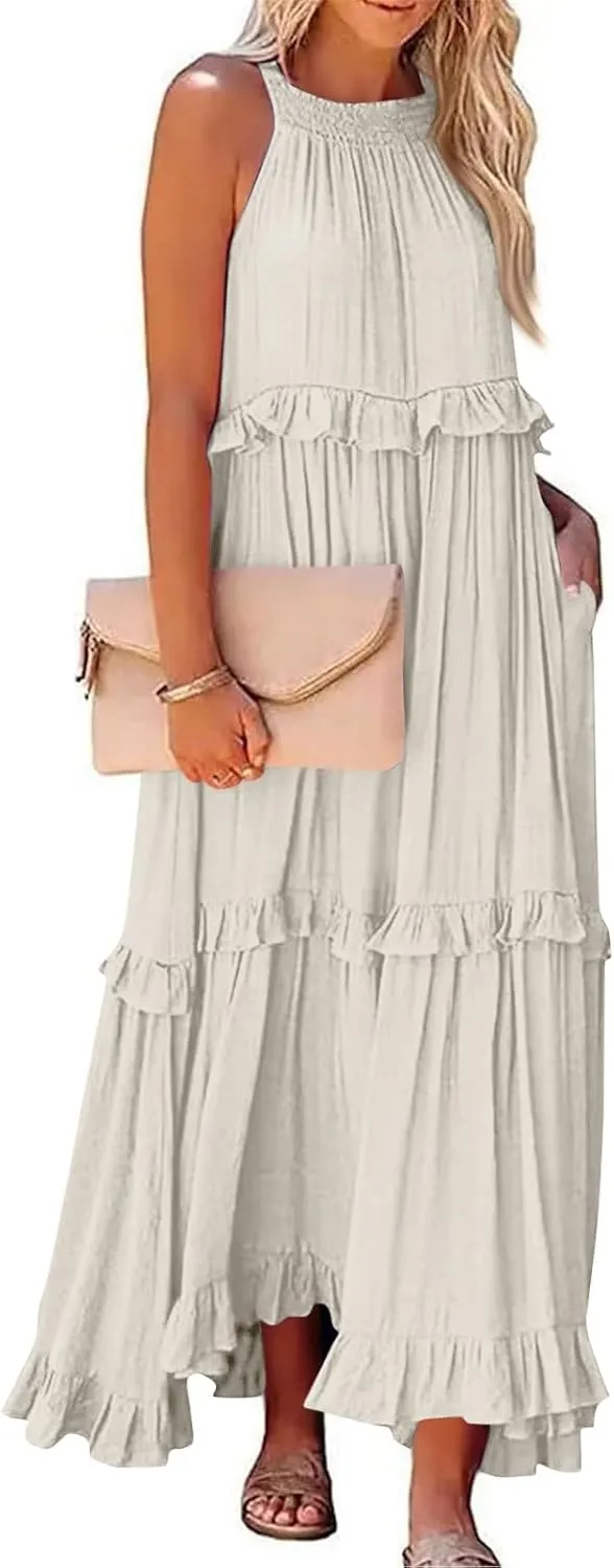 Maxi Dresses for Women 2025 Elegant Loose Flowy Tiered Ruffle Dress Summer Swing Beach Dresses with Pockets