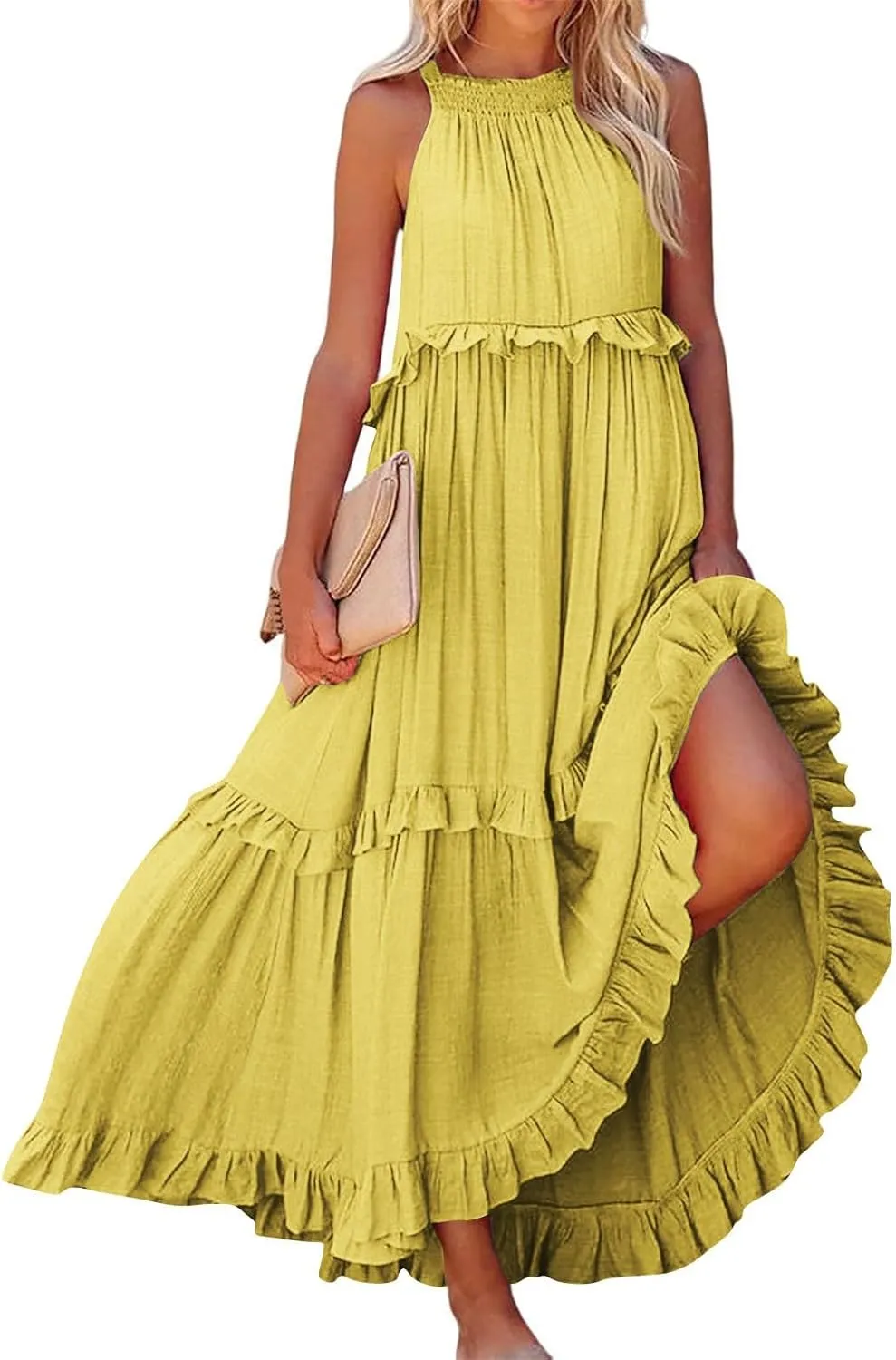 Maxi Dresses for Women 2025 Elegant Loose Flowy Tiered Ruffle Dress Summer Swing Beach Dresses with Pockets